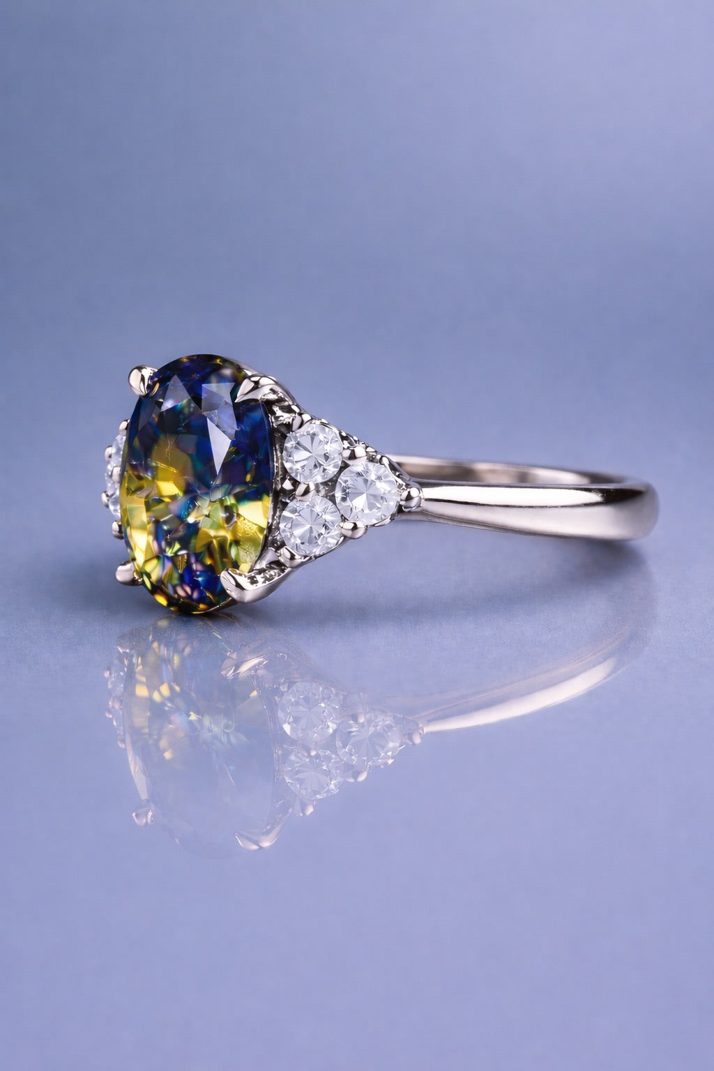 Natural unheated bicolor sapphire and diamond ring in white gold side