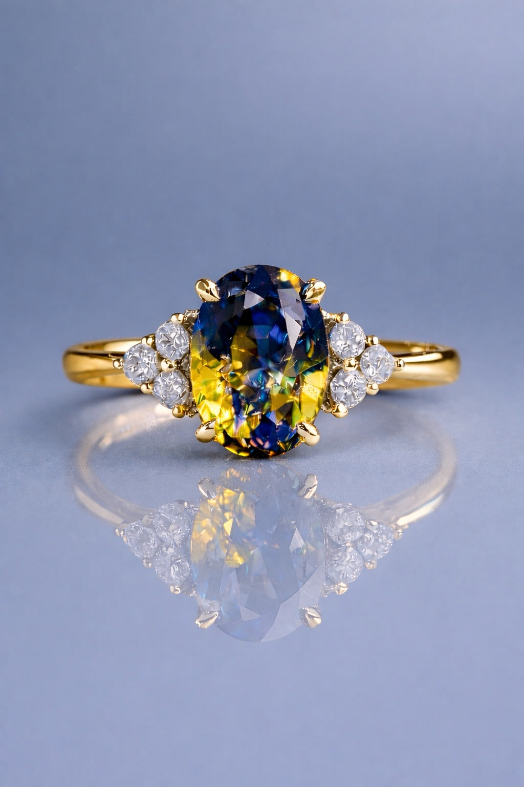 Natural unheated bicolor sapphire and diamond ring in yellow gold
