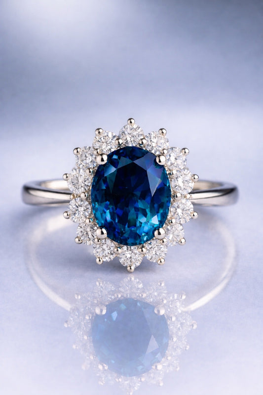 Unheated blue sapphire halo ring in white gold