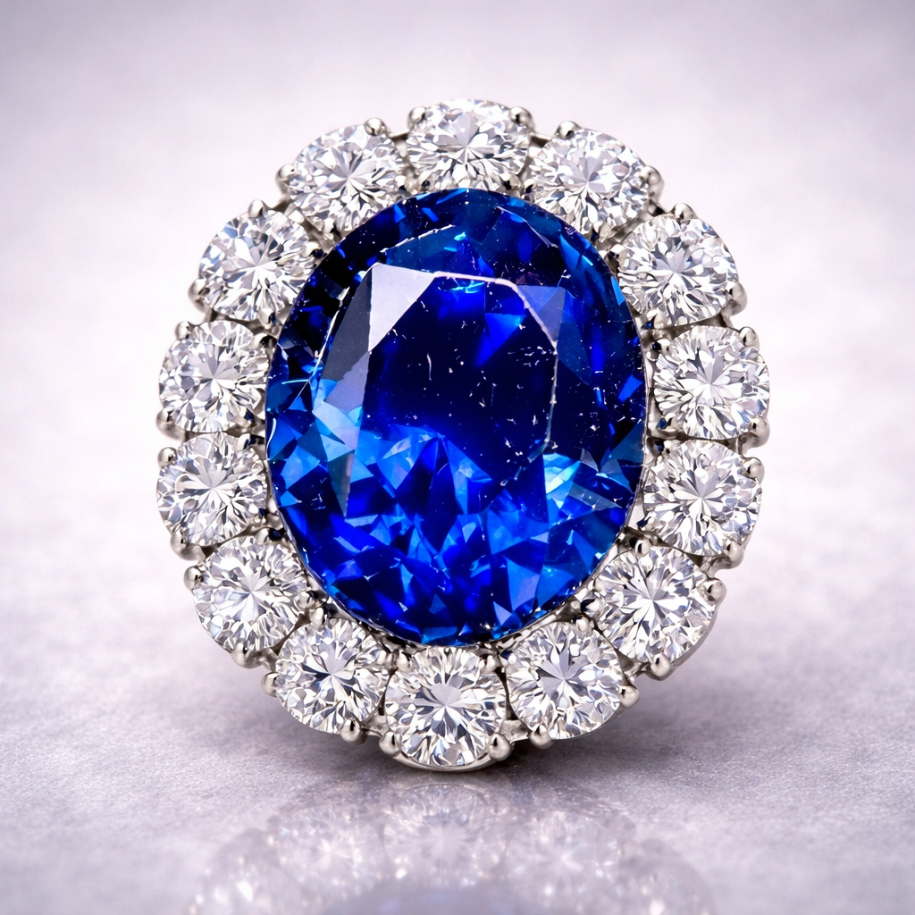 royal blue sapphire diamond halo white gold brooch