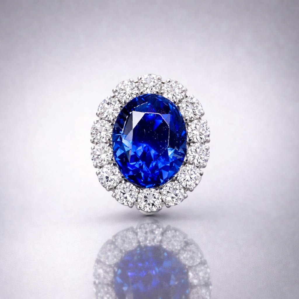 royal blue sapphire diamond halo white gold brooch