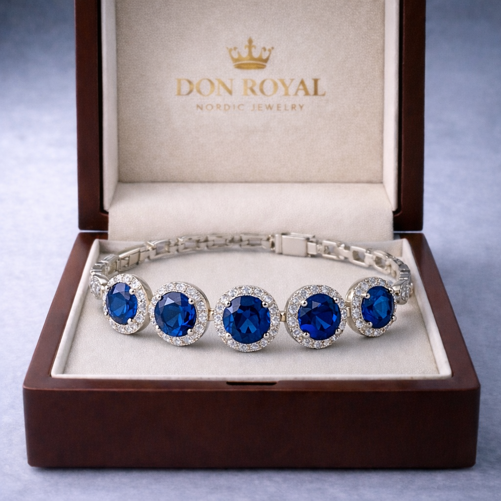 blue sapphire halo diamond white gold bracelet in box