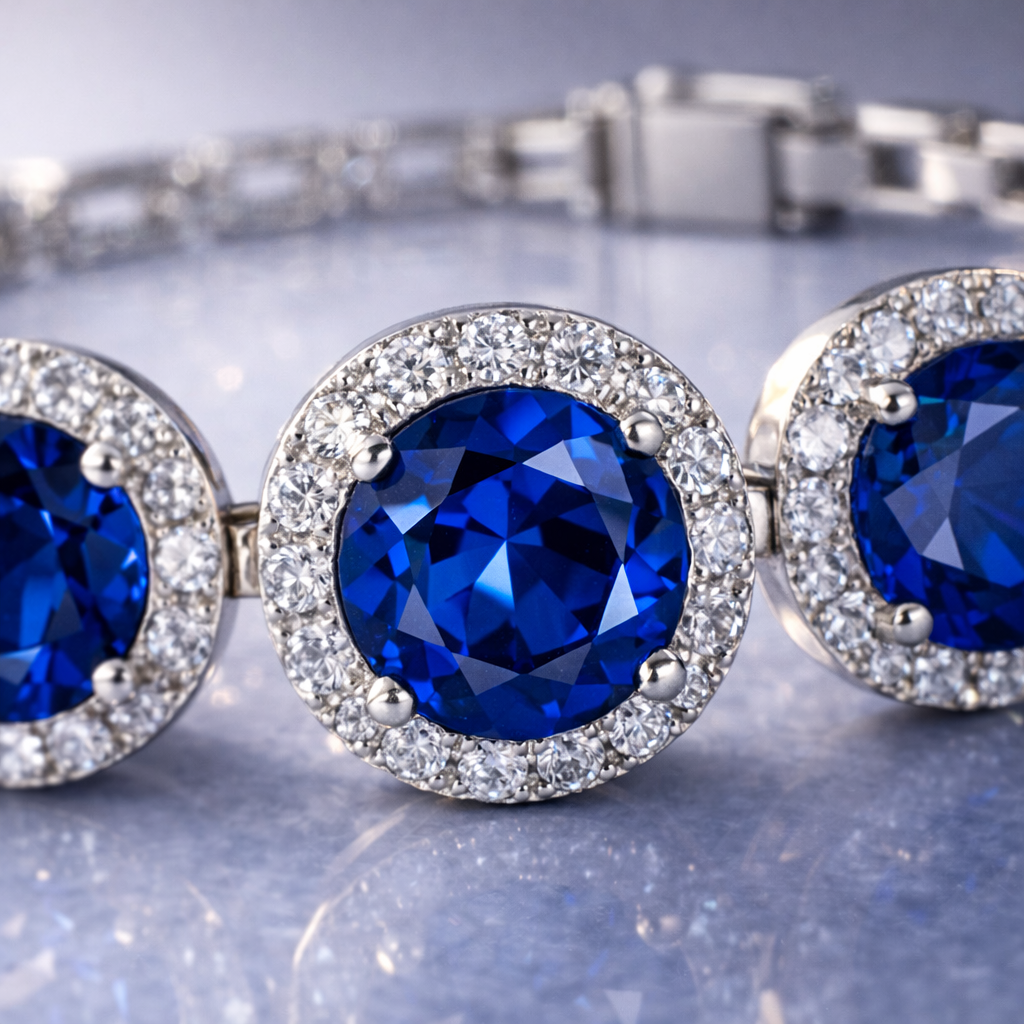 blue sapphire halo diamond white gold bracelet macro