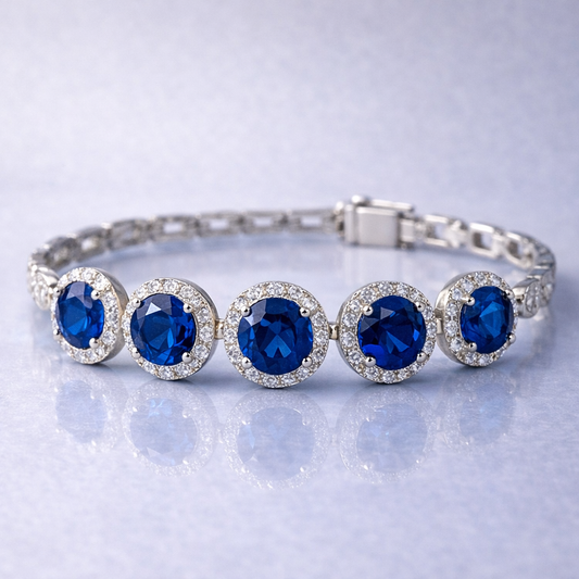 blue sapphire halo diamond white gold bracelet