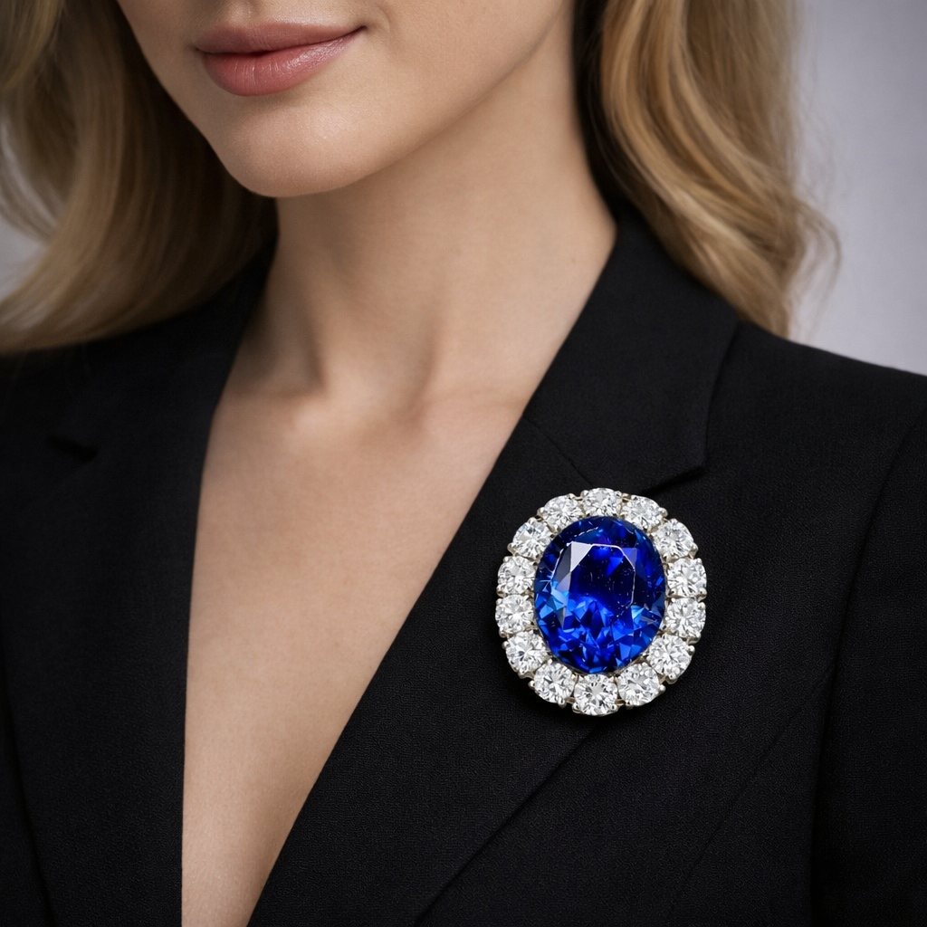 royal blue sapphire diamond halo brooch model