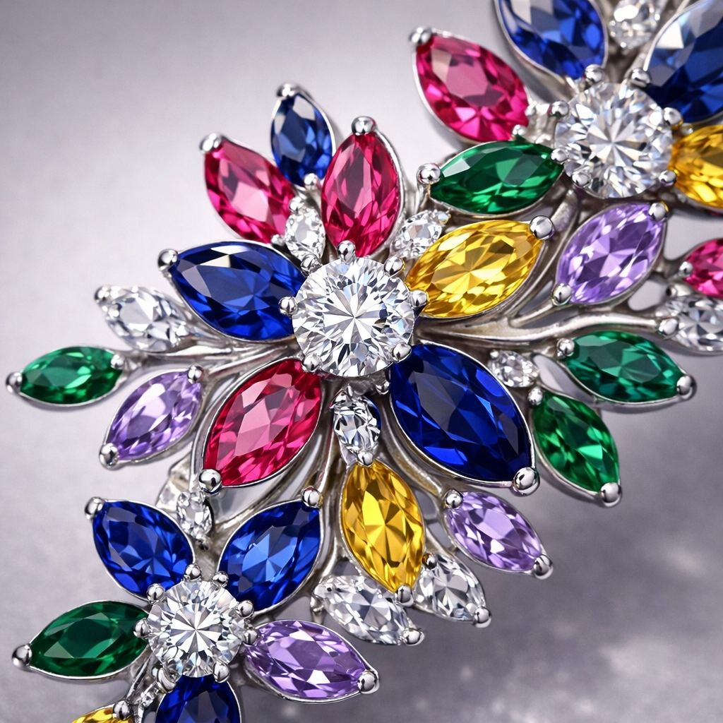  multicolored sapphire diamond platinum brooch macro