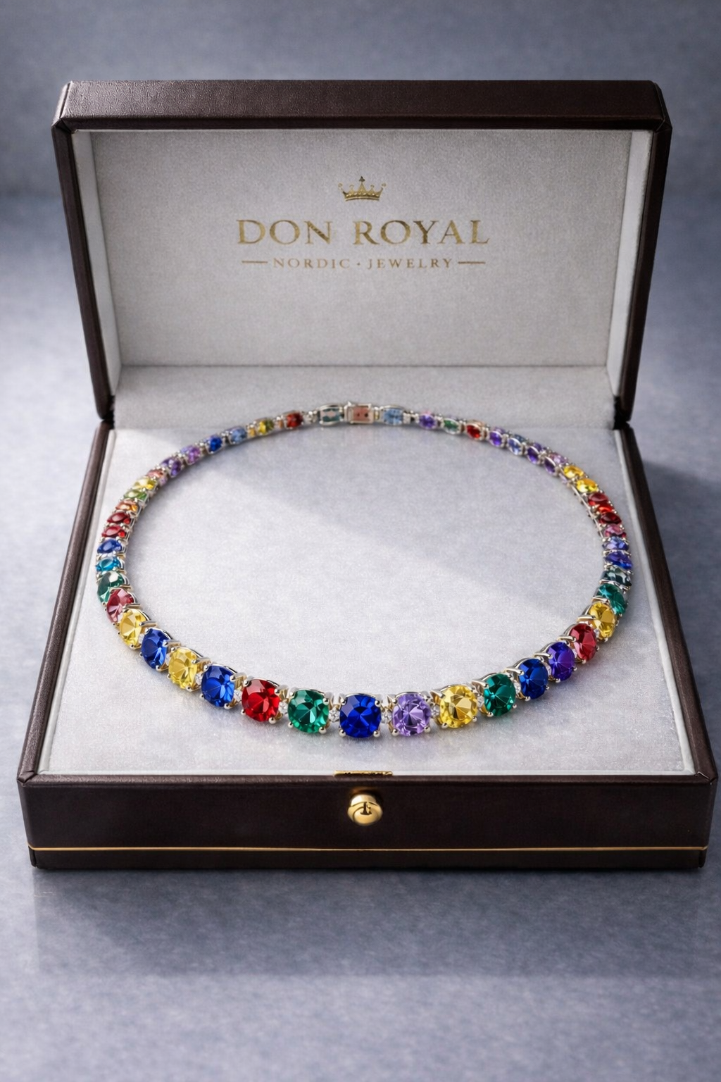 multicolor sapphire diamond white gold tennis necklace in box