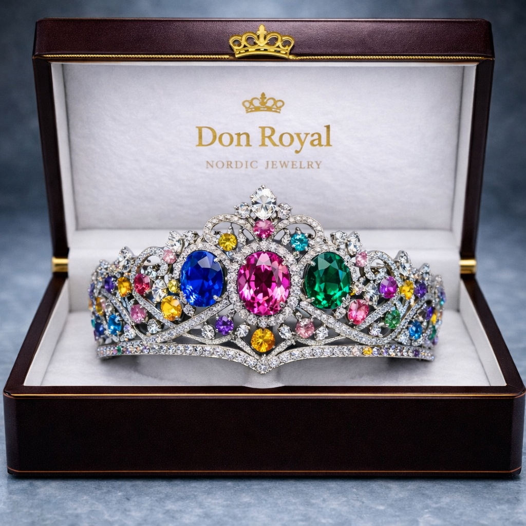 multicolor sapphire diamond white gold tiara in box