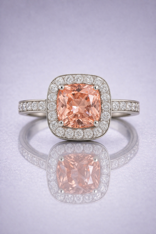 padparadscha sapphire diamond halo white gold ring