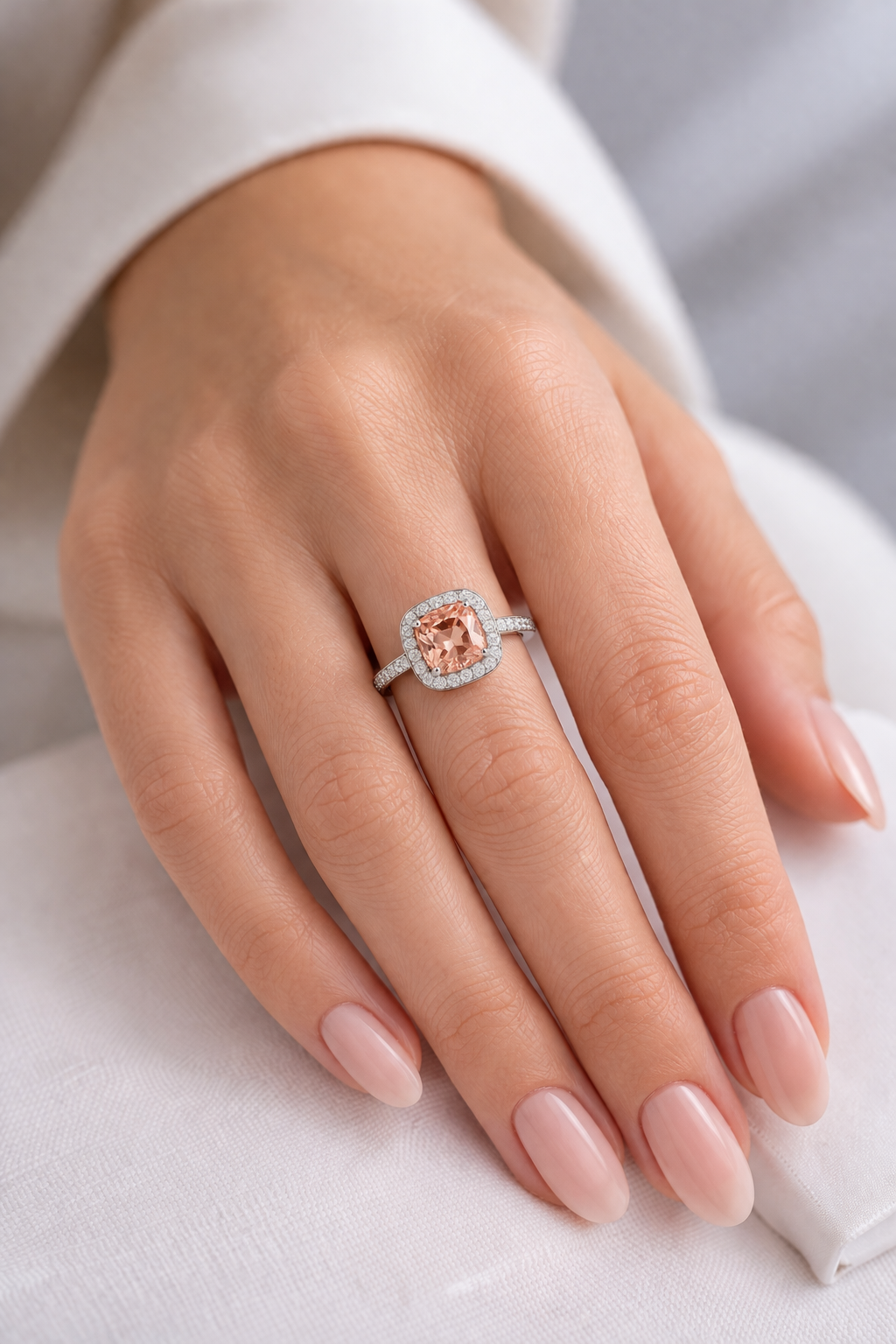 padparadscha sapphire diamond halo white gold ring model