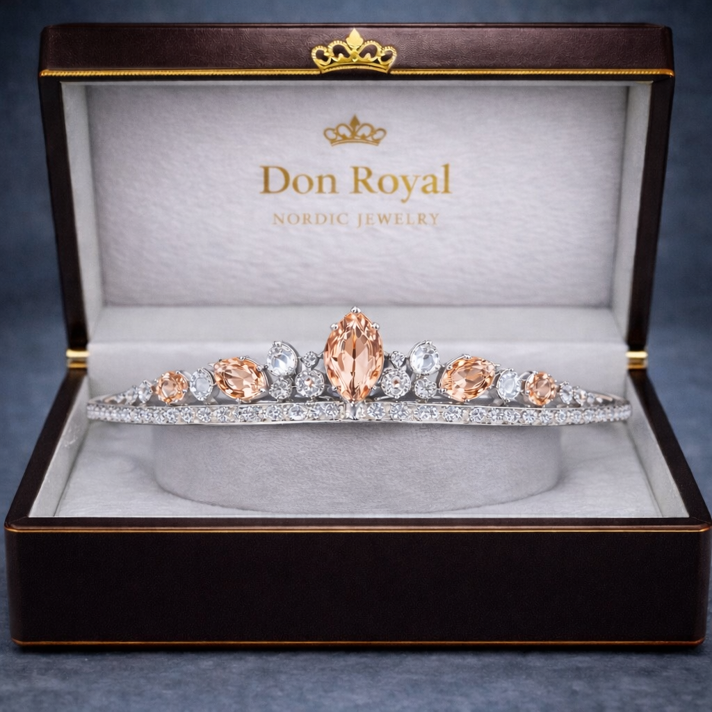 peach sapphire diamond white gold tiara in box