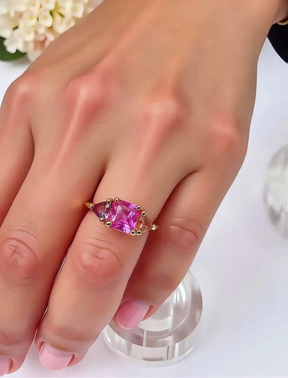 natural pink violet padparadscha sapphire trilogy yellow gold ring model
