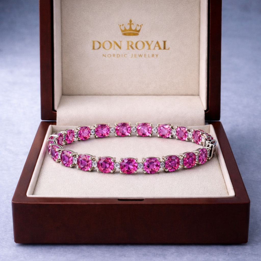 pink sapphire diamond white gold tennis bracelet in box