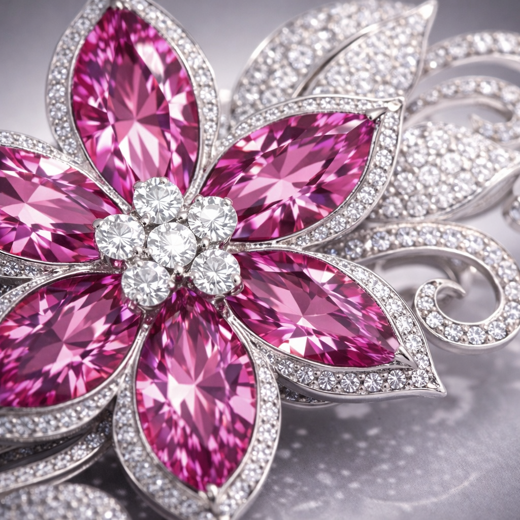 pink sapphire diamond platinum brooch macro