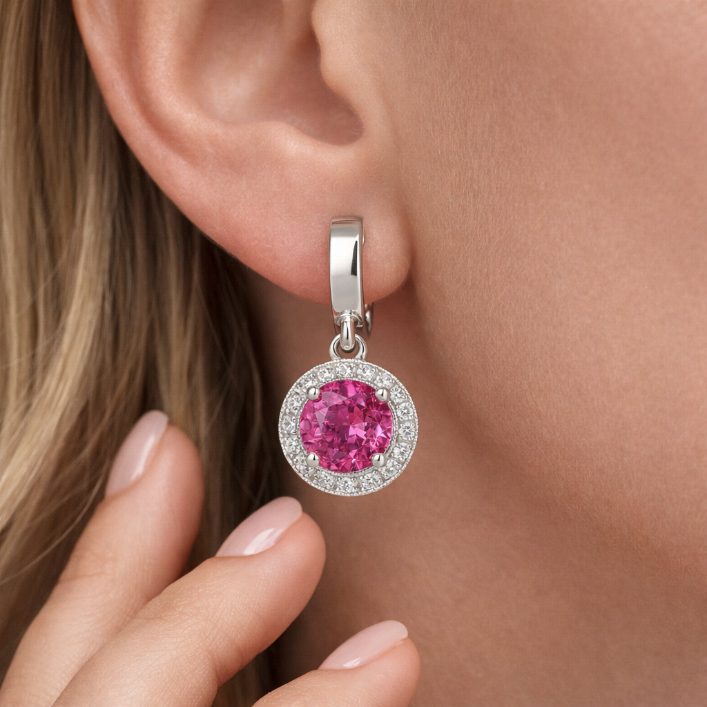 pink sapphire halo diamond white gold earrings model