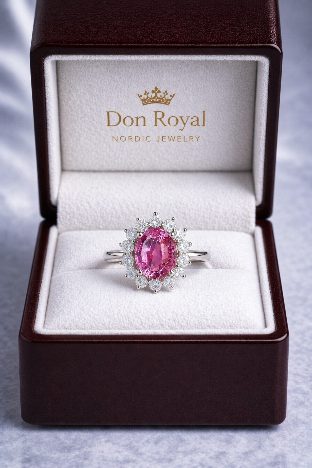 pink sapphire diamond halo gold ring in box