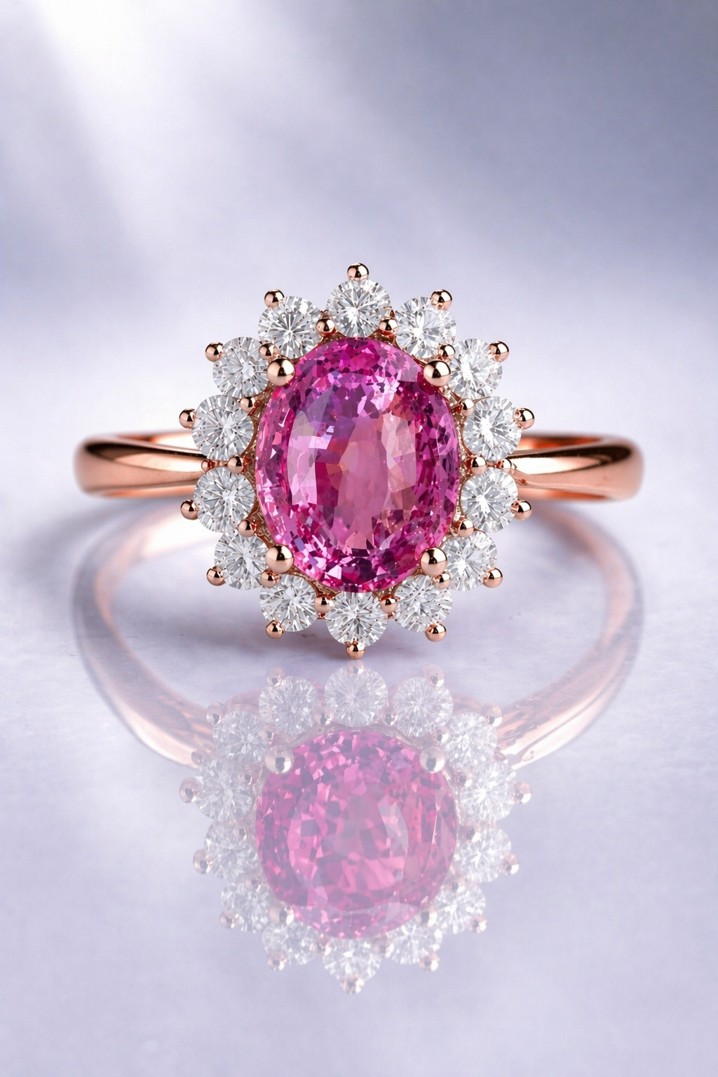 pink sapphire diamond halo rose gold ring