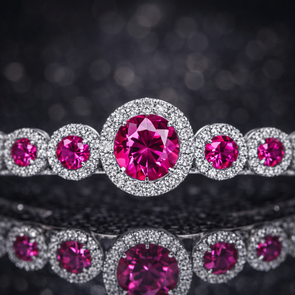 pink sapphire diamond halo white gold tiara macro