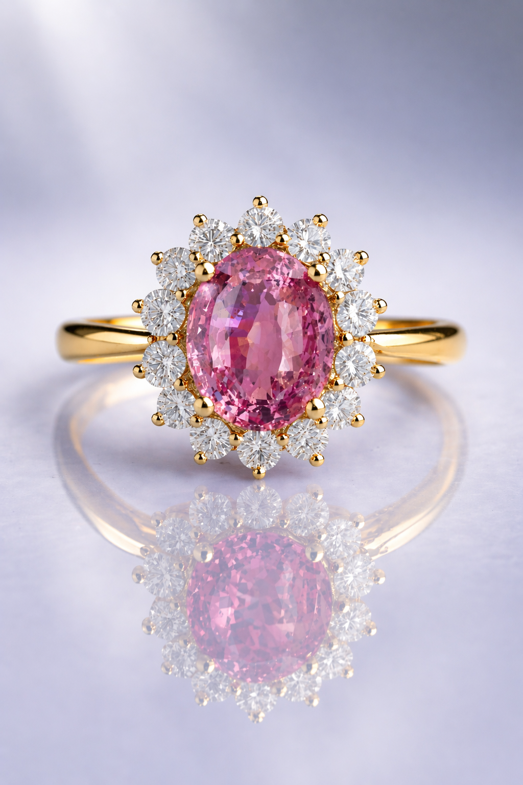 pink sapphire diamond halo yellow gold ring
