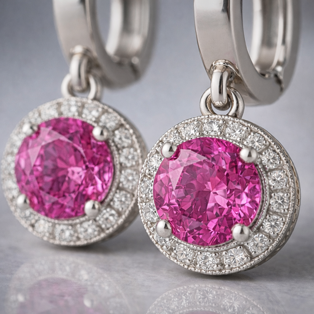 pink sapphire halo diamond platinum earrings macro