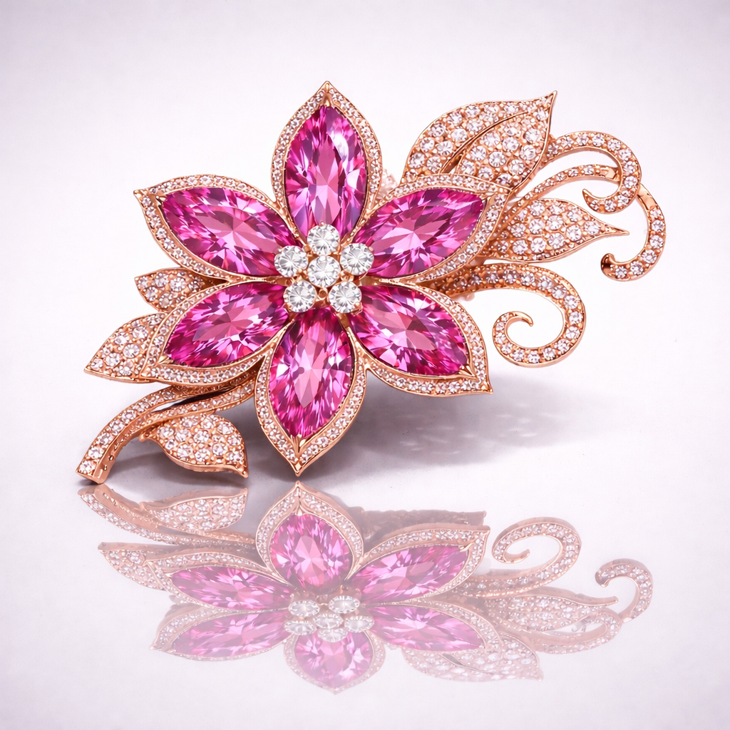 pink sapphire diamond rose gold brooch
