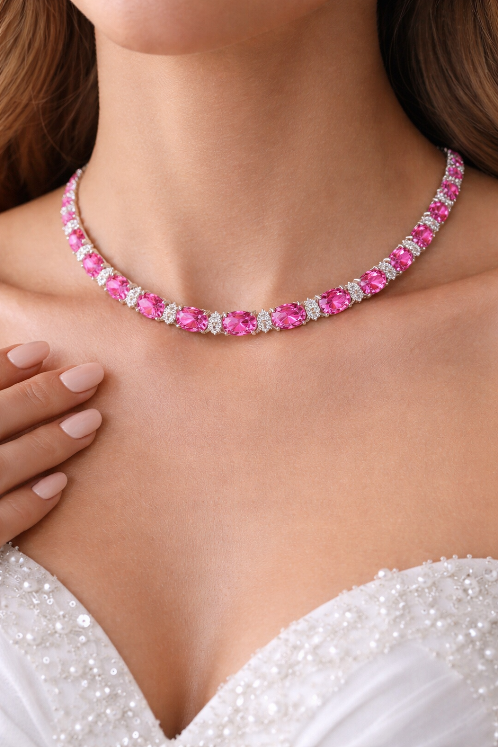pink sapphire diamond white gold tennis necklace model