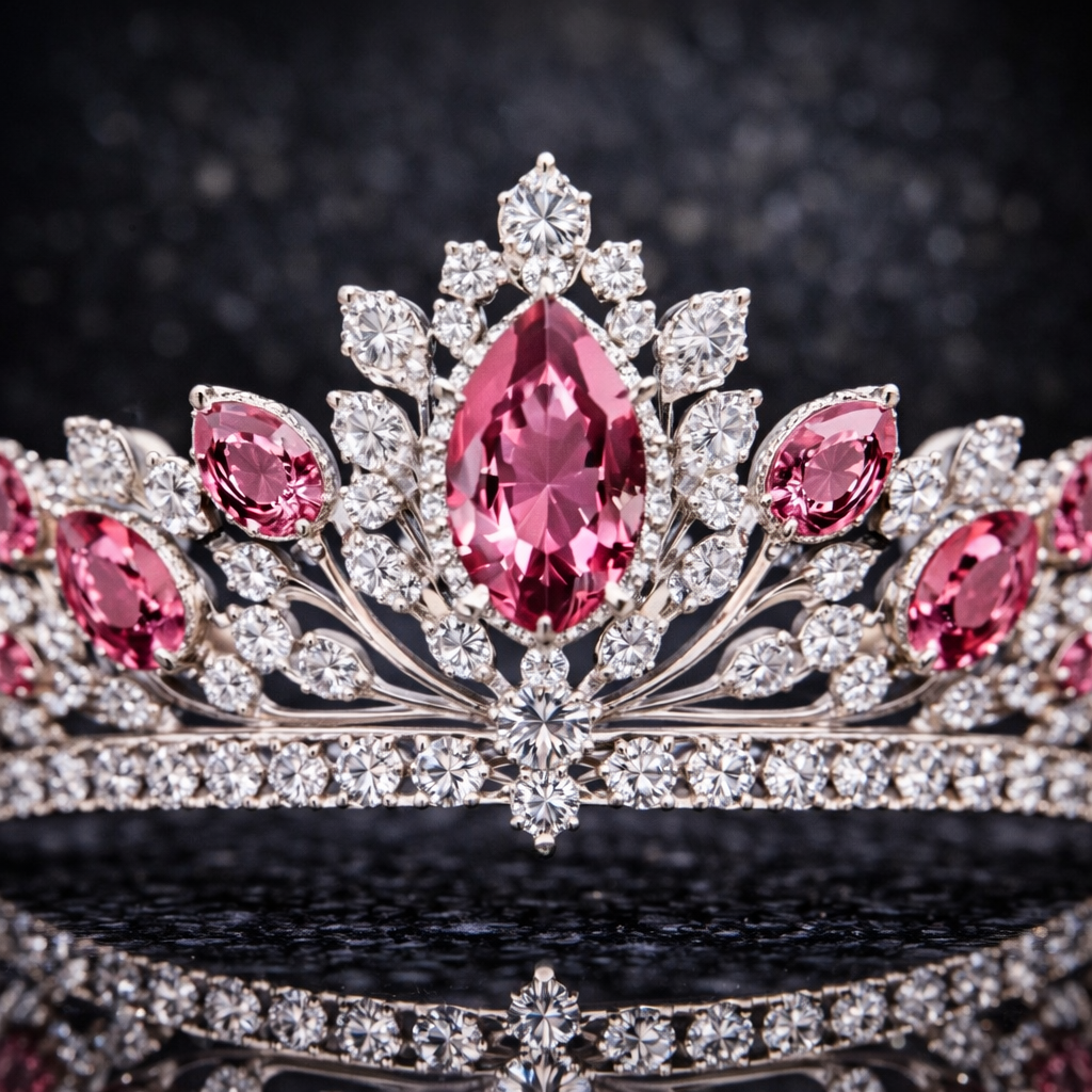 pink sapphire diamond white gold tiara macro