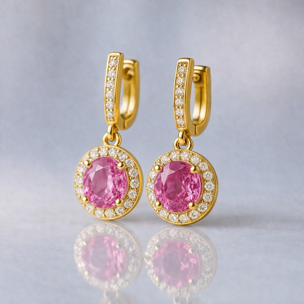 pink sapphire diamond yellow gold earrings
