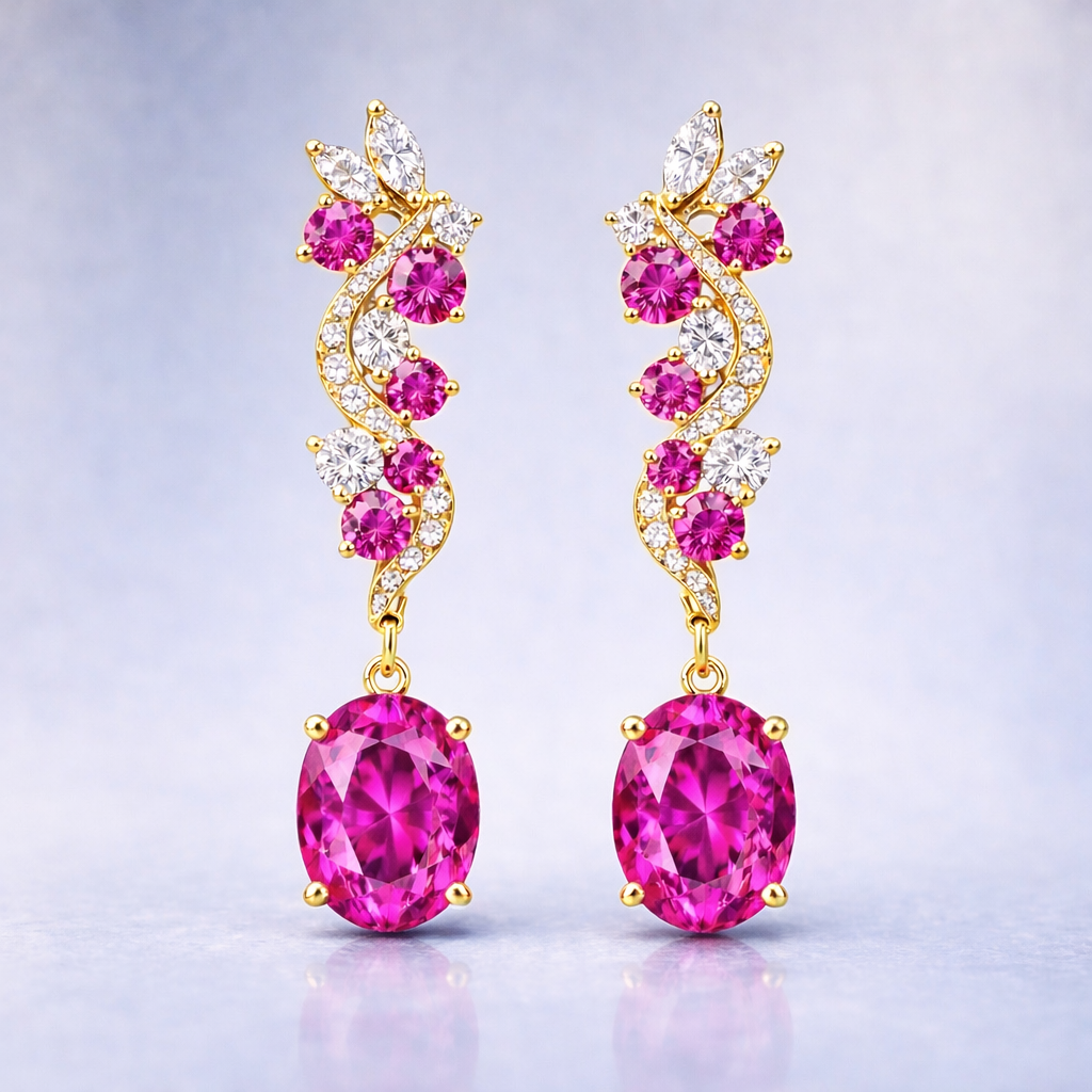 pink sapphire diamond yellow gold earrings