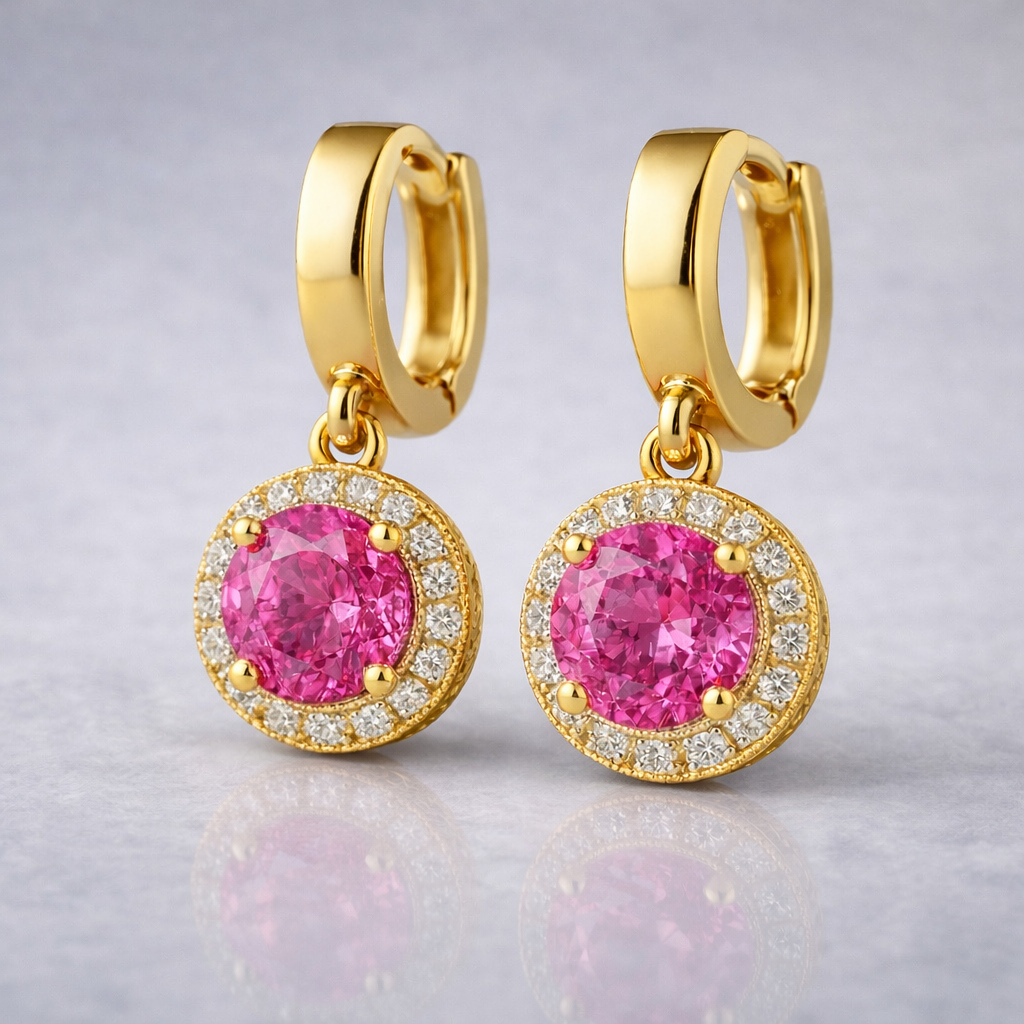 pink sapphire halo diamond yellow gold earrings