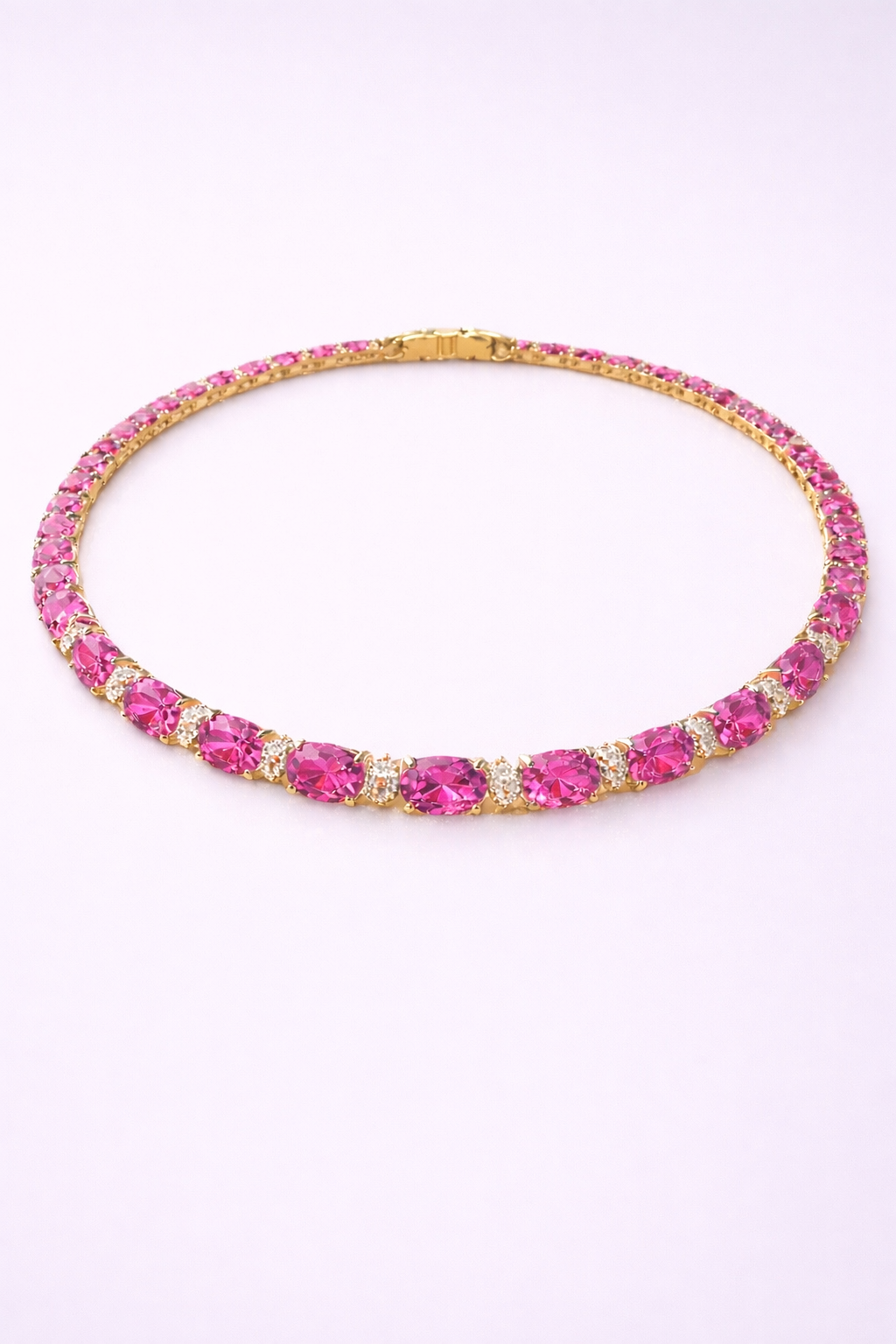 pink sapphire diamond yellow gold tennis necklace