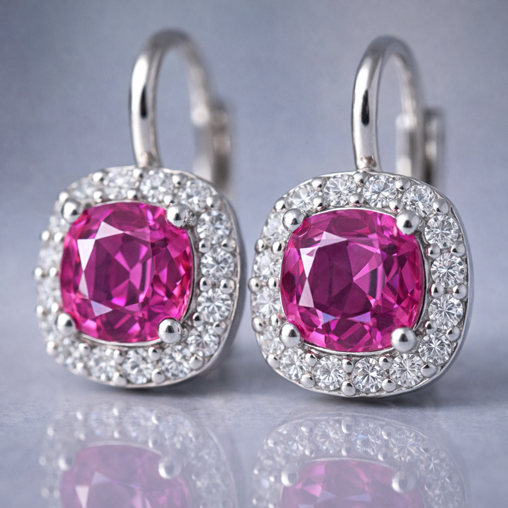 pink sapphire halo diamond white gold earrings macro