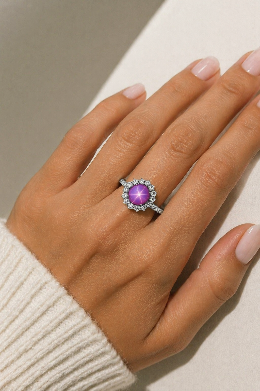 pink star sapphire diamond halo gold ring model