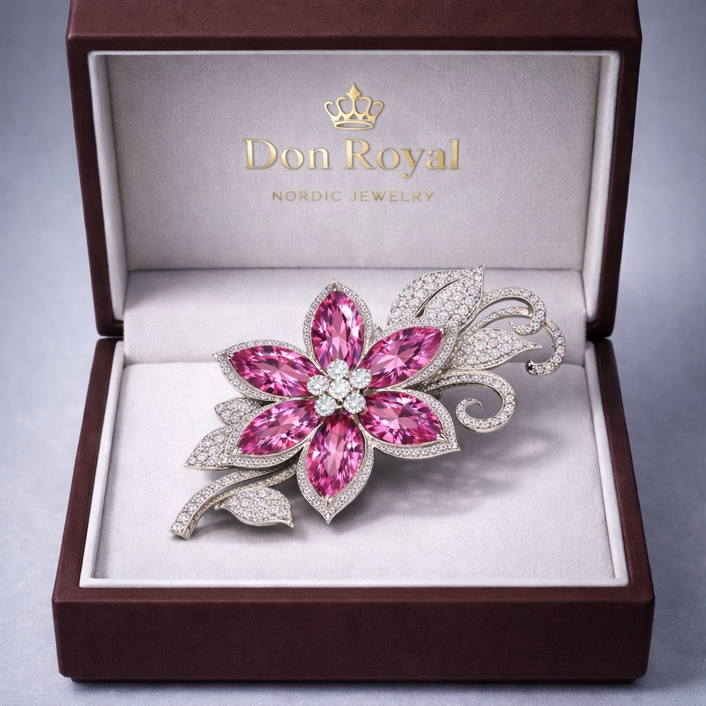 pink sapphire diamond brooch in box