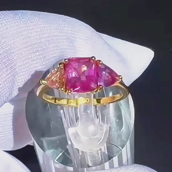 natural pink violet padparadscha sapphire trilogy yellow gold ring