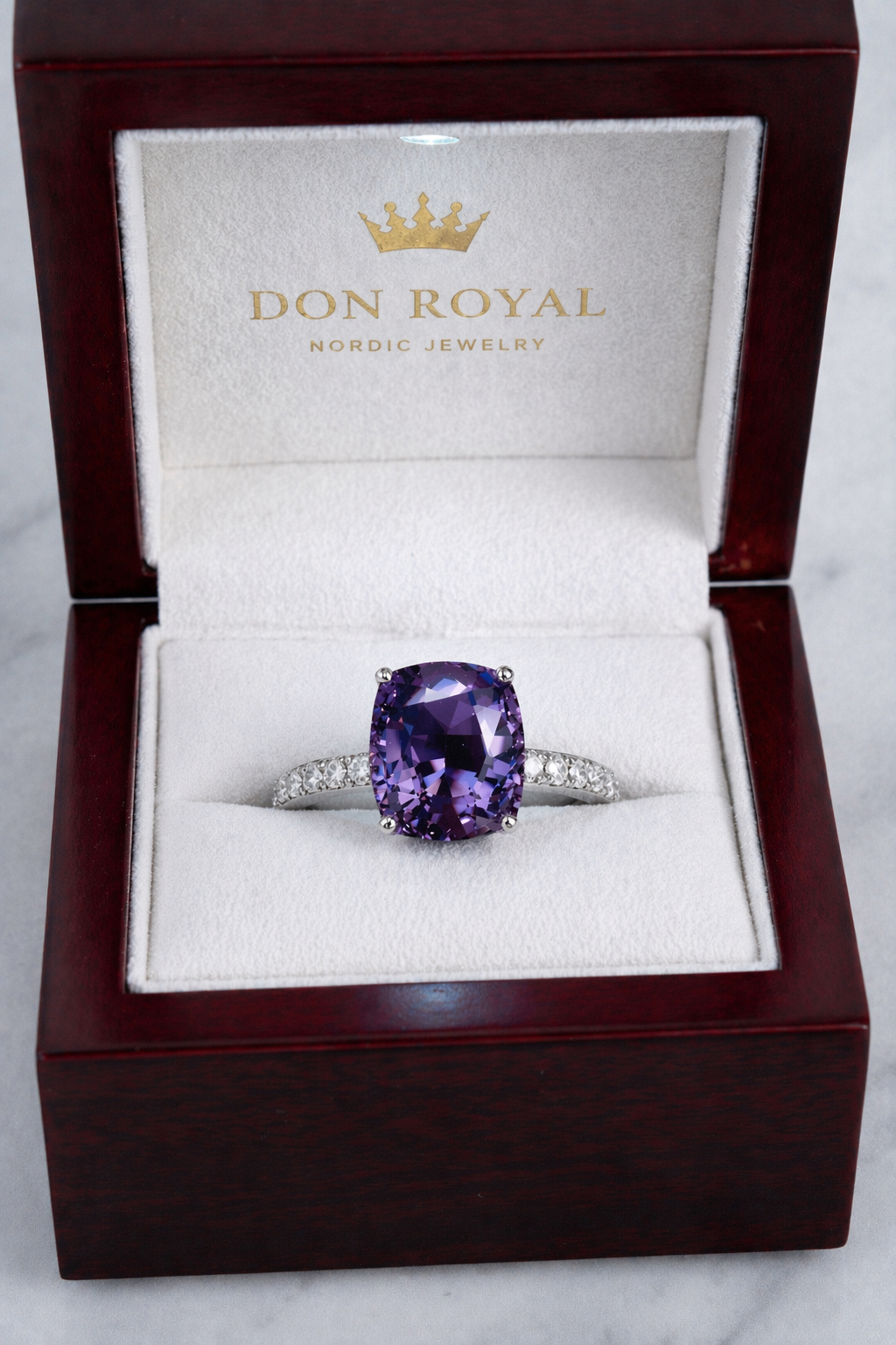 purple spinel diamond gold ring in box