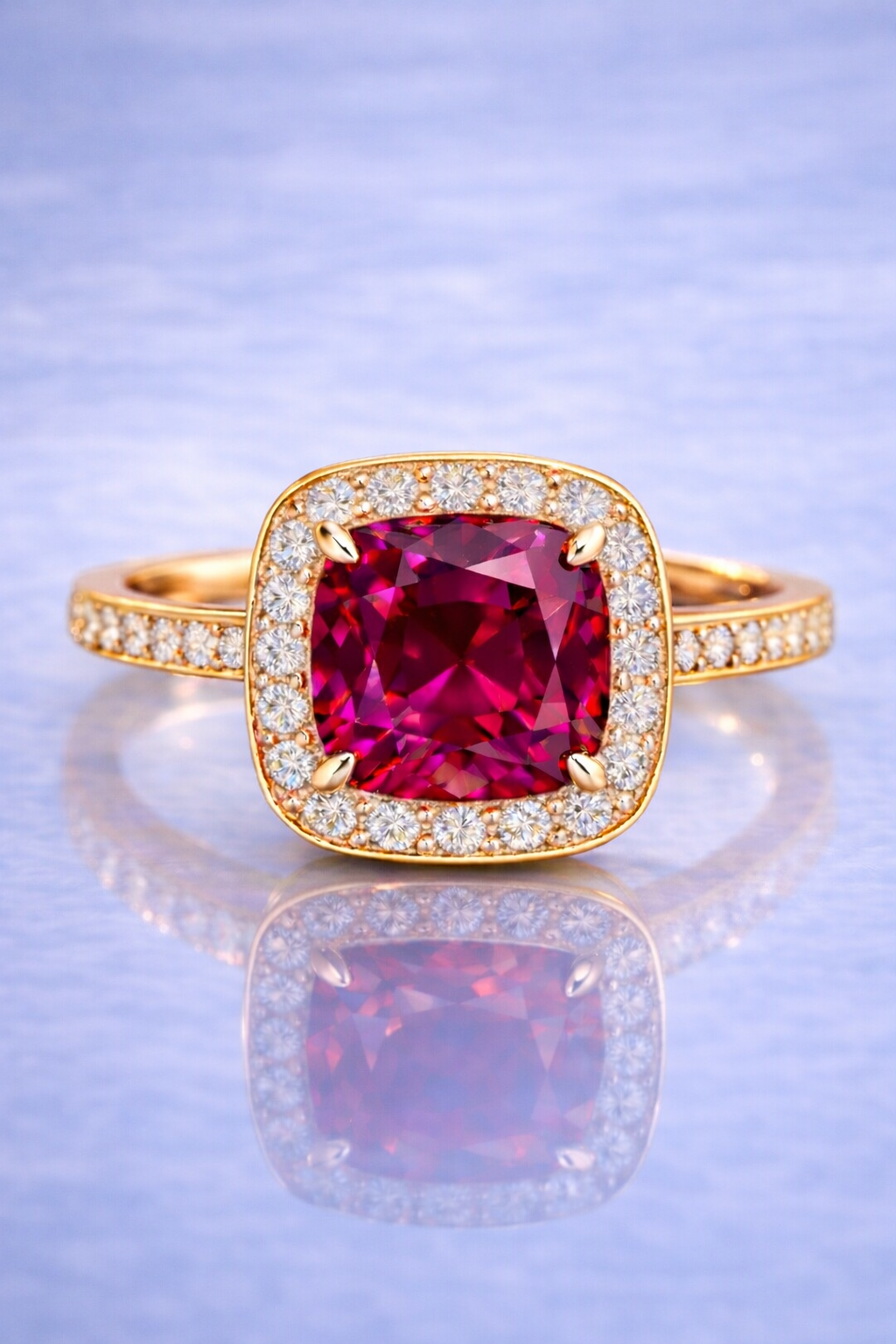 purple spinel diamond halo yellow gold ring