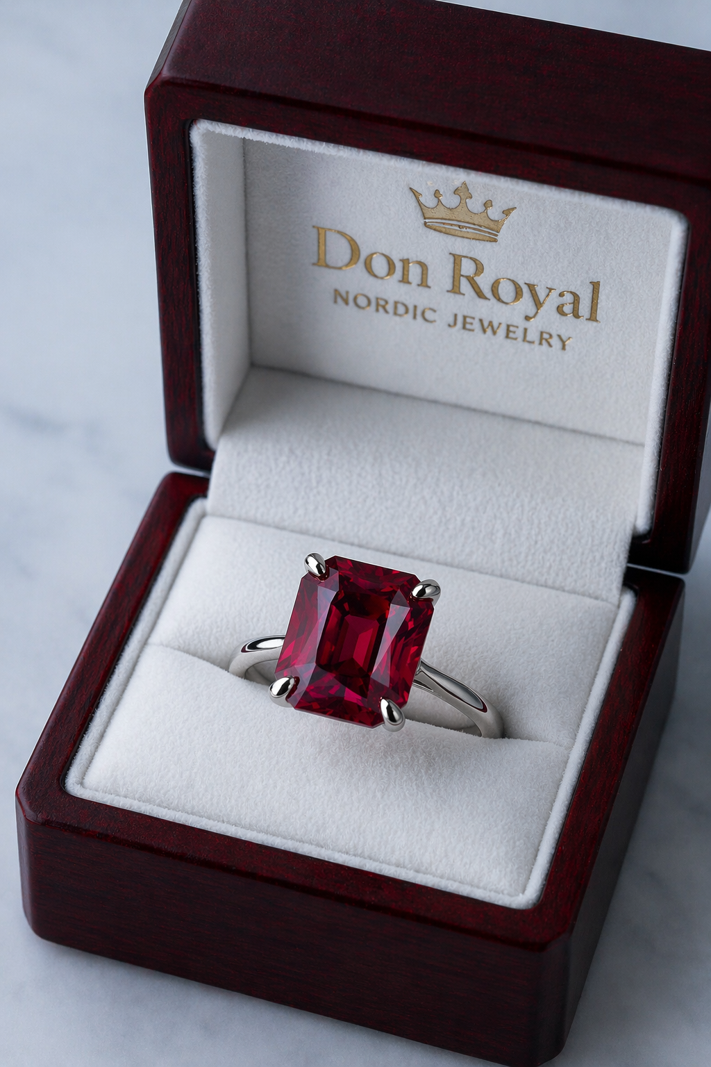 purplish pink rhodolite garnet gold ring in box