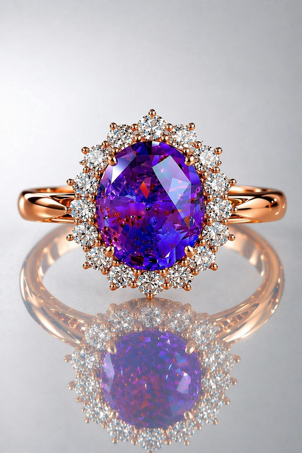 purplish pink sapphire diamond halo rose gold ring