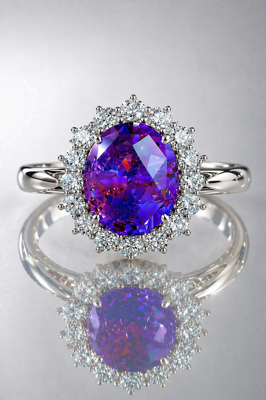 purplish pink sapphire diamond halo white gold ring