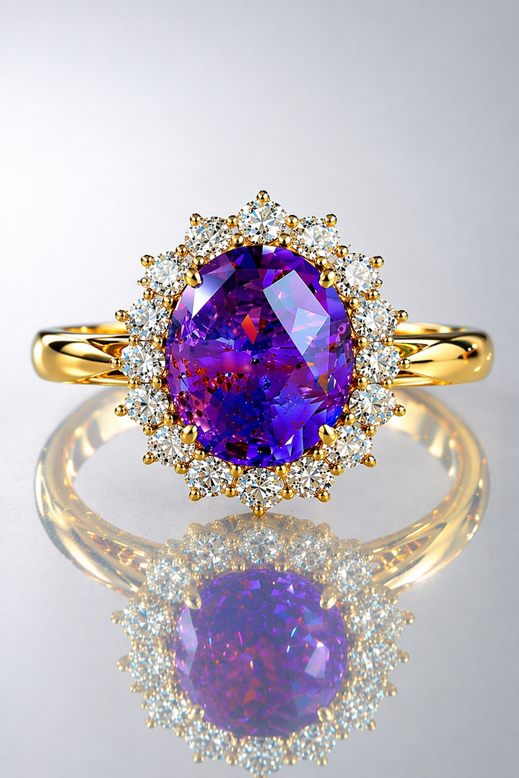 purplish pink sapphire diamond halo yellow gold ring