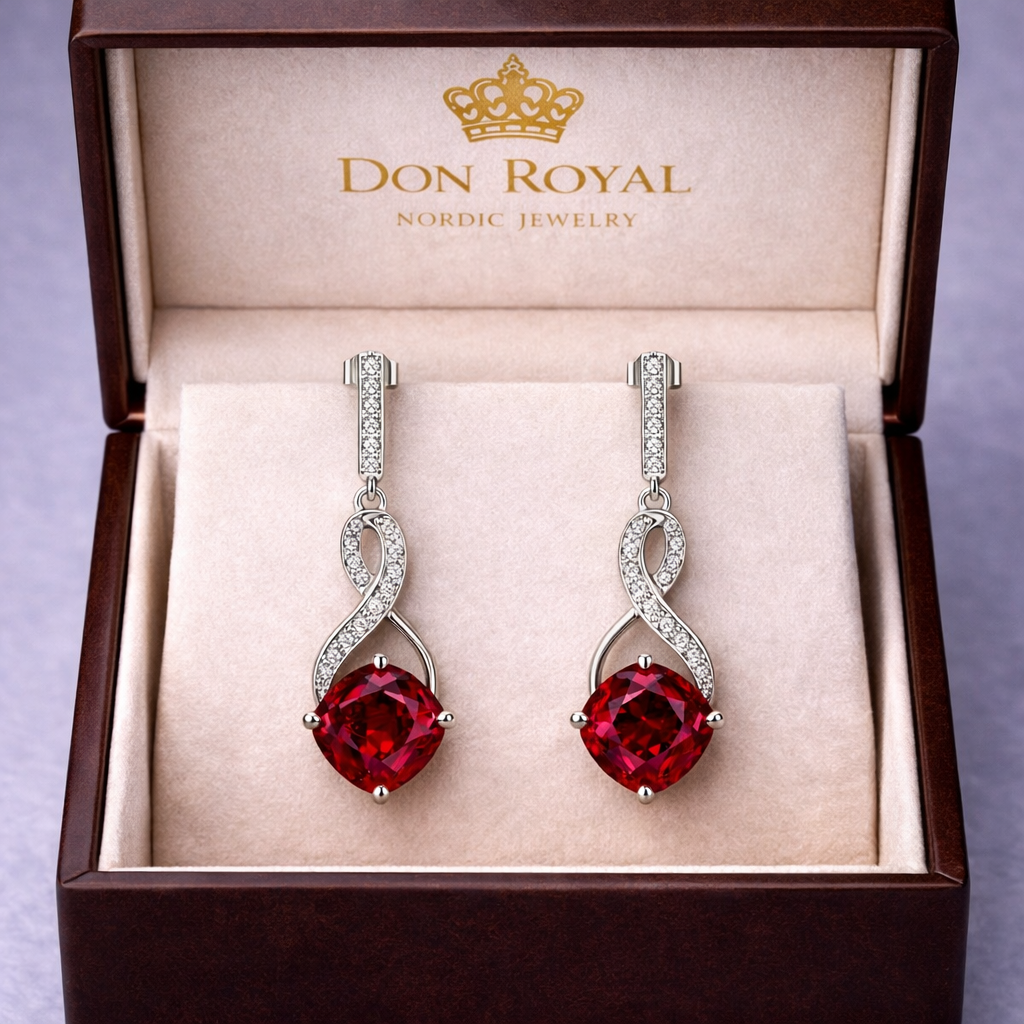 red ruby diamond white gold earrings in box