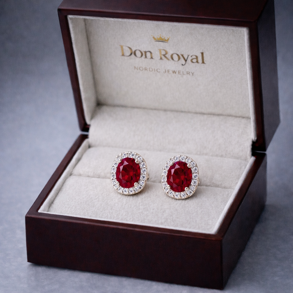 red ruby halo diamond white gold earrings in box