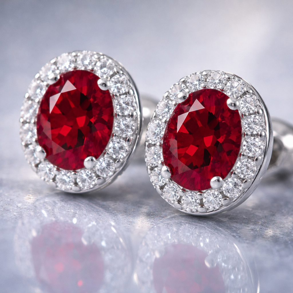 red ruby halo diamond platinum earrings