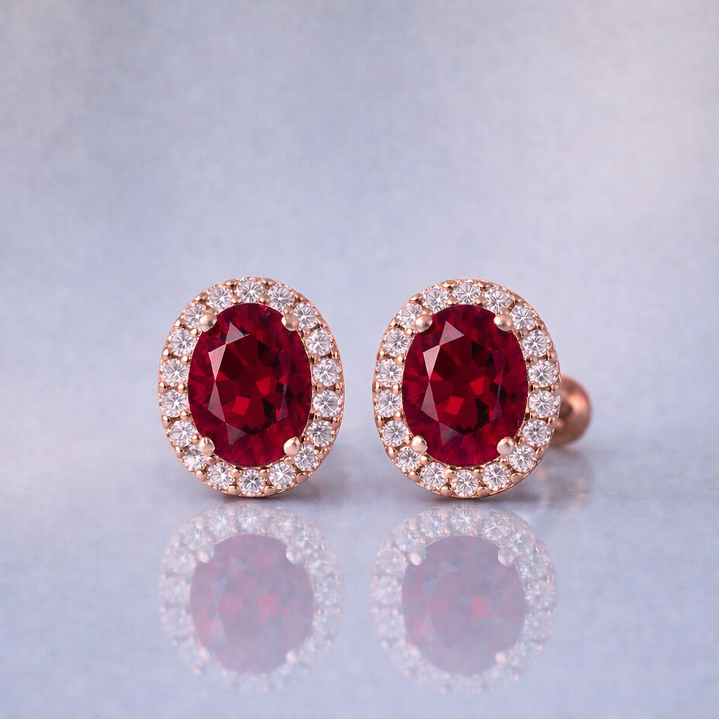 red ruby halo diamond rose gold earrings