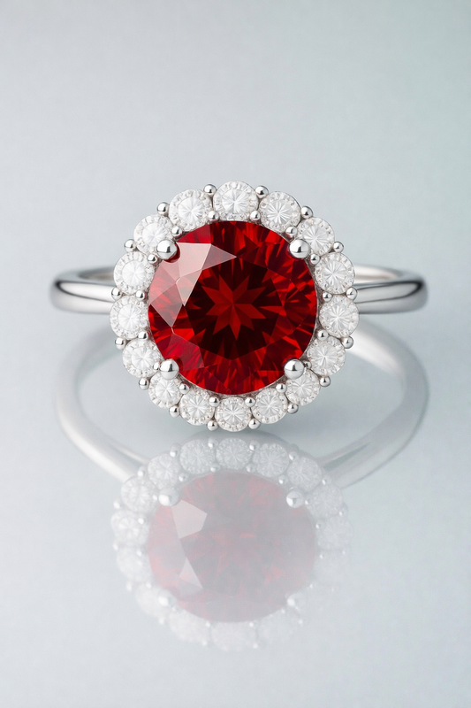 rhodolite garnet diamond halo white gold ring