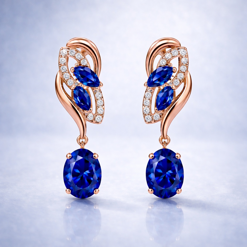 royal blue sapphire diamond rose gold earrings