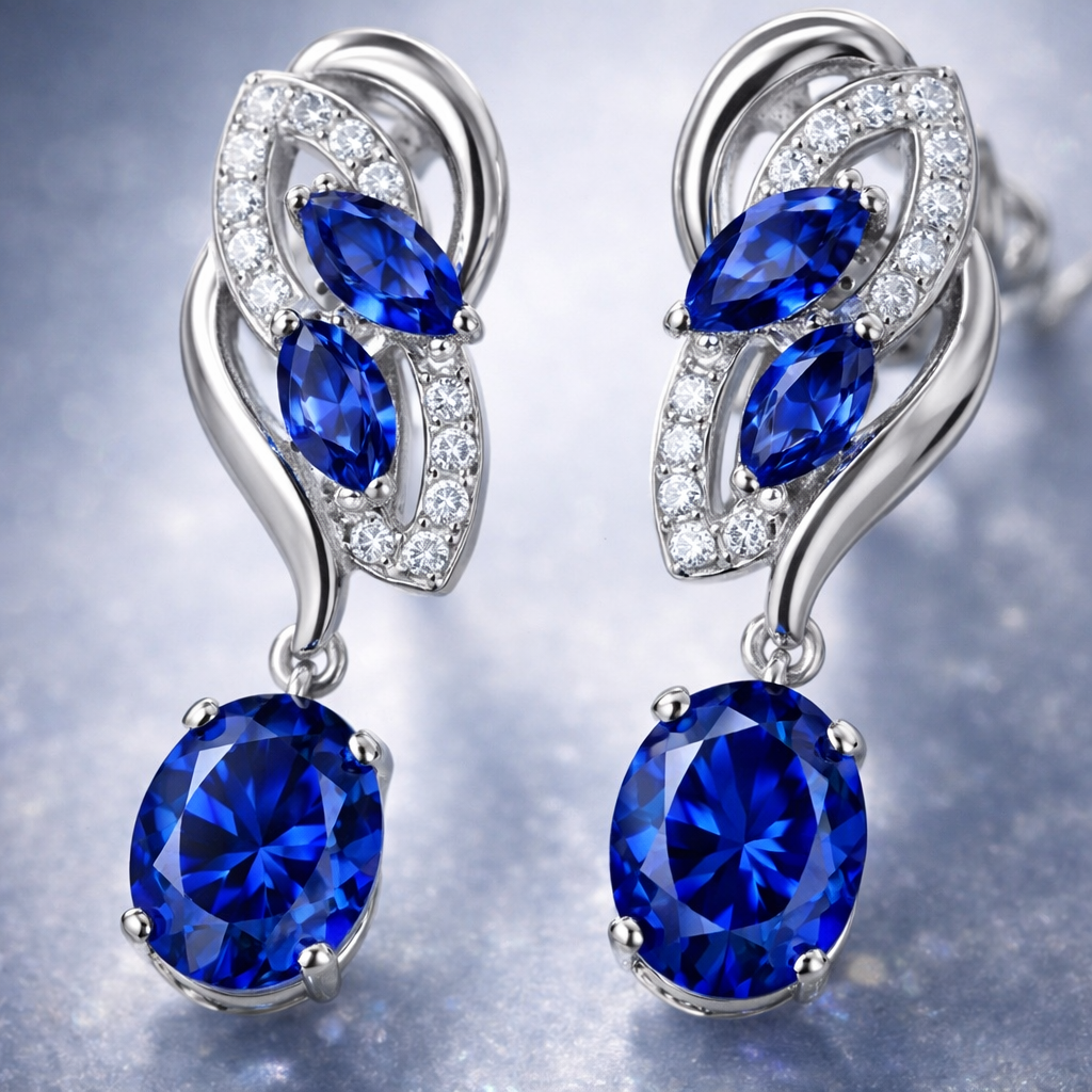 royal blue sapphire diamond platinum earrings macro