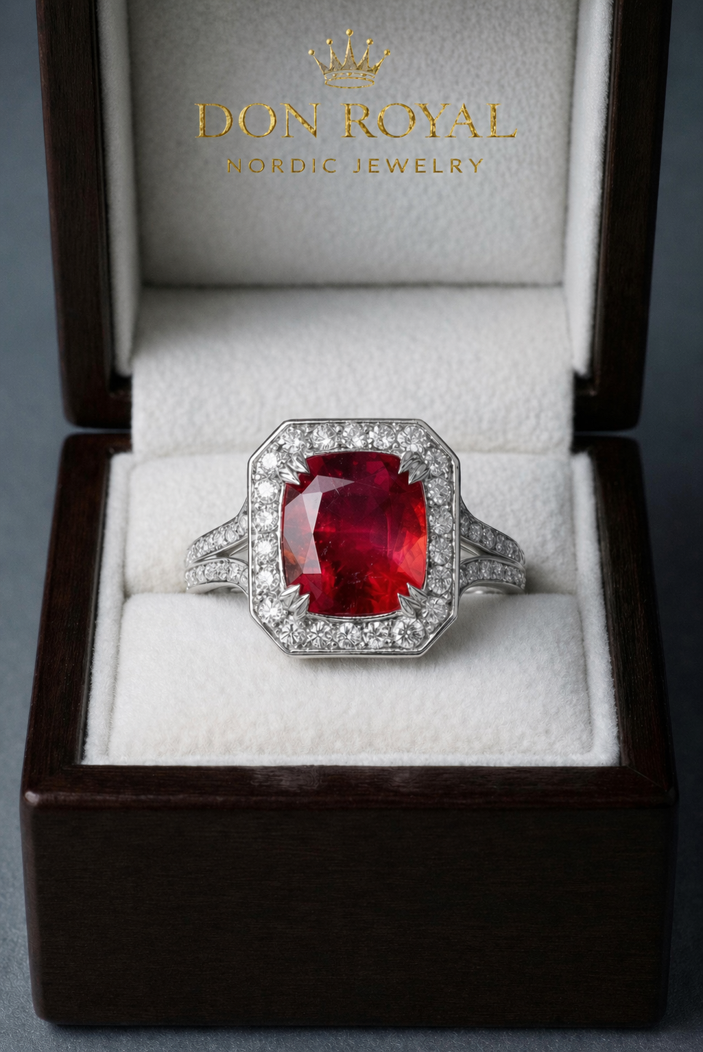 Imperial egacy-ruby ring featuring natural 5 carat red ruby surrounded by diamonds gold in box