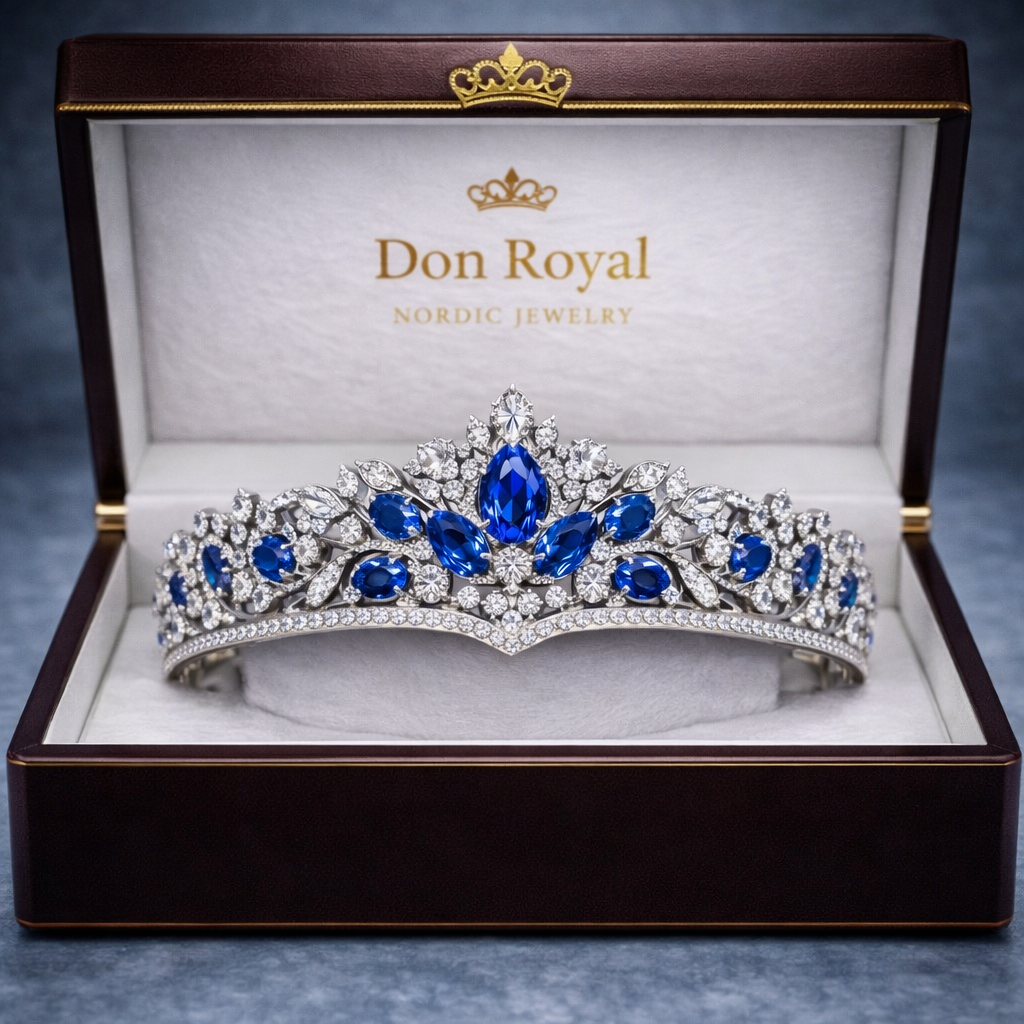 blue sapphire diamond white gold tiara in box